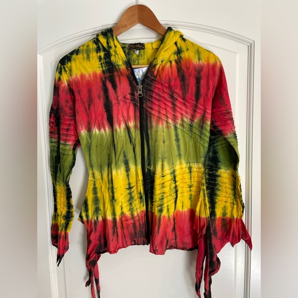 Peace Nepal Jackets & Blazers - Rasta StyleTie-Dye Zip Hoodie in Yellow, Red & Green NEW